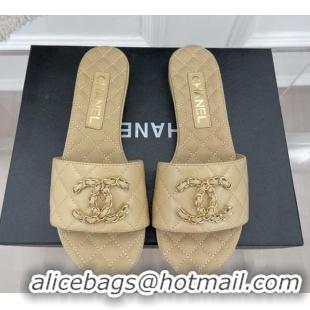 Stylish Chanel Quilted Lambskin Flat Slide Sandals with Chain CC Beige 020776