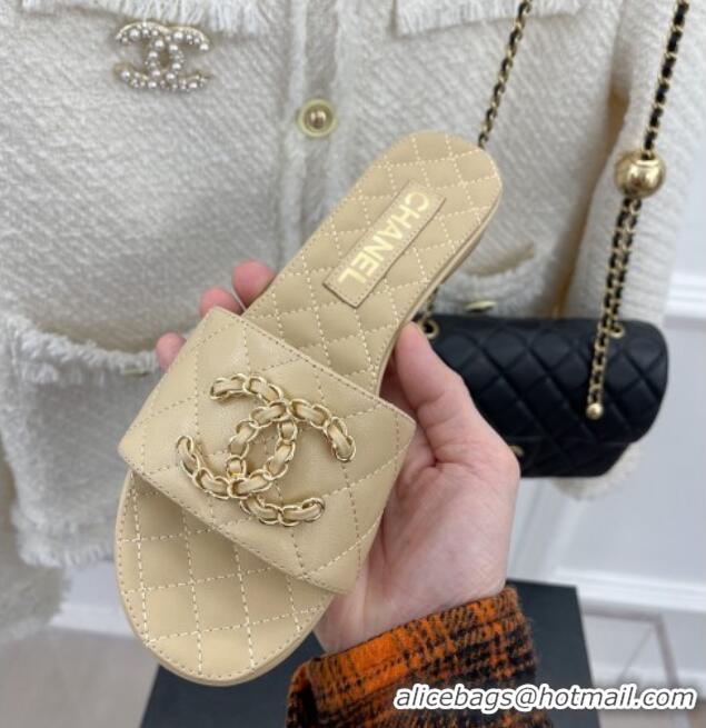 Stylish Chanel Quilted Lambskin Flat Slide Sandals with Chain CC Beige 020776