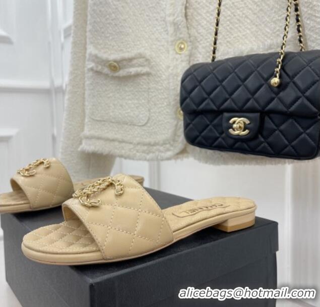 Stylish Chanel Quilted Lambskin Flat Slide Sandals with Chain CC Beige 020776