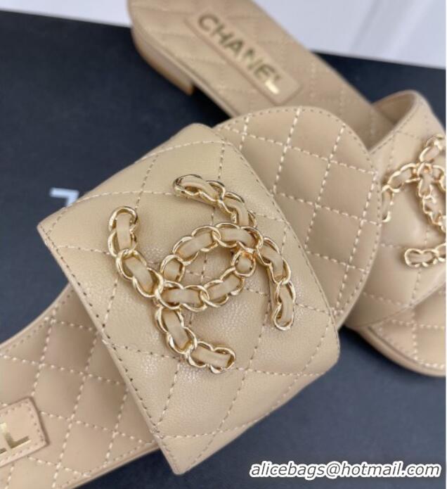 Stylish Chanel Quilted Lambskin Flat Slide Sandals with Chain CC Beige 020776