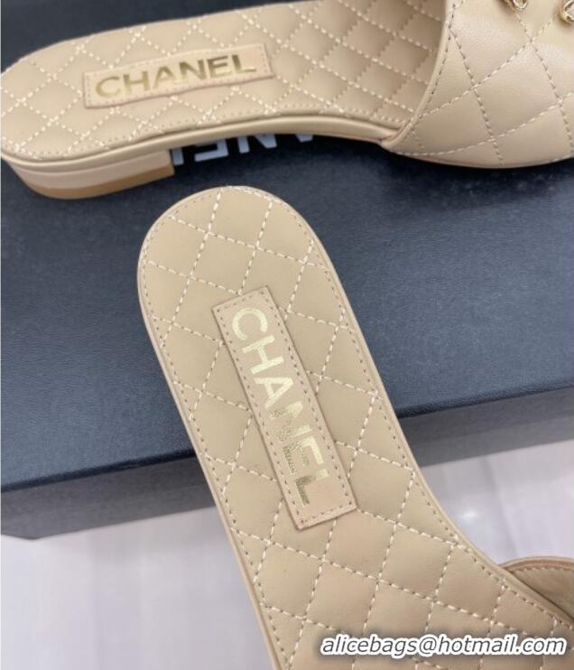 Stylish Chanel Quilted Lambskin Flat Slide Sandals with Chain CC Beige 020776