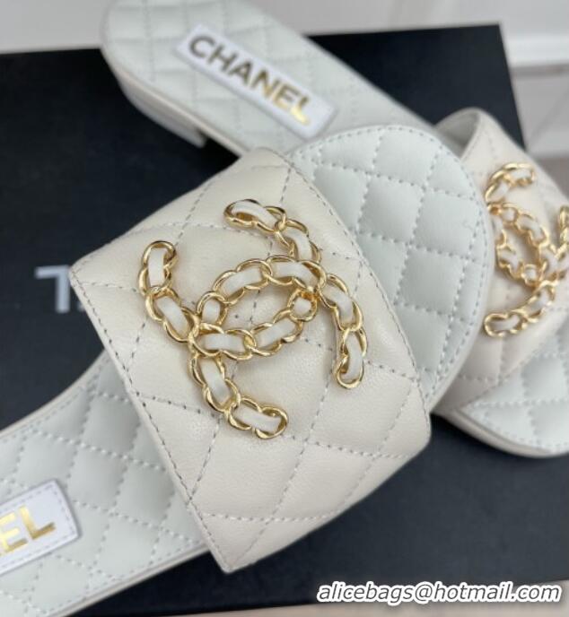 Duplicate Chanel Quilted Lambskin Flat Slide Sandals with Chain CC White 020777