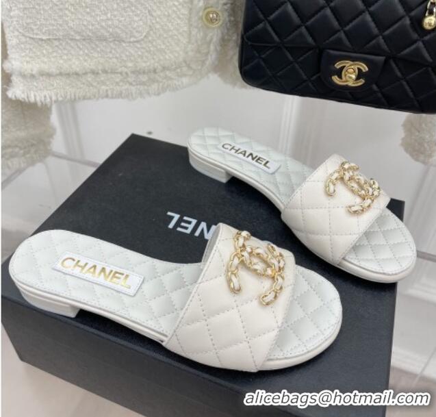 Duplicate Chanel Quilted Lambskin Flat Slide Sandals with Chain CC White 020777