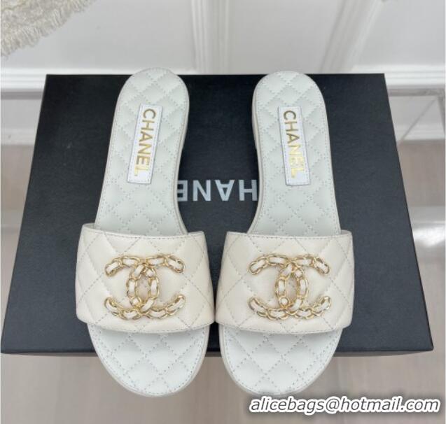 Duplicate Chanel Quilted Lambskin Flat Slide Sandals with Chain CC White 020777