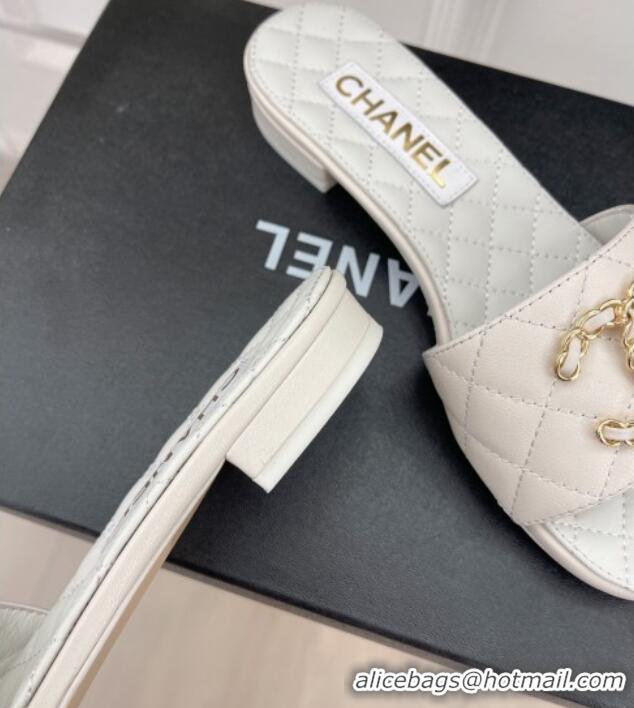 Duplicate Chanel Quilted Lambskin Flat Slide Sandals with Chain CC White 020777