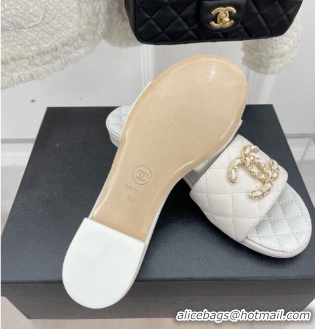 Duplicate Chanel Quilted Lambskin Flat Slide Sandals with Chain CC White 020777