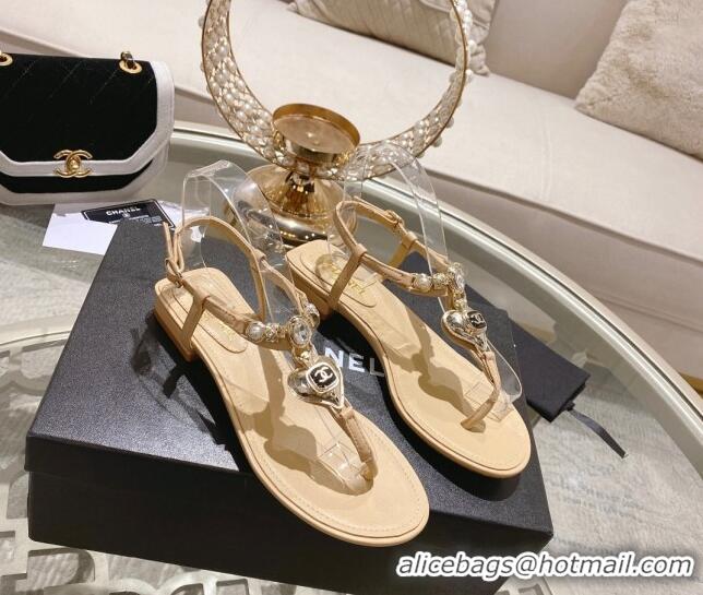 Purchase Chanel Lambskin Flat Thong Sandals with Love Charm G39674 Beige