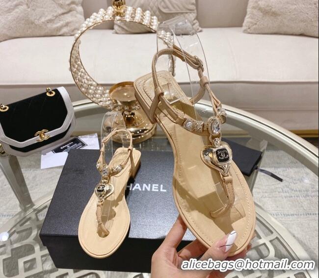 Purchase Chanel Lambskin Flat Thong Sandals with Love Charm G39674 Beige