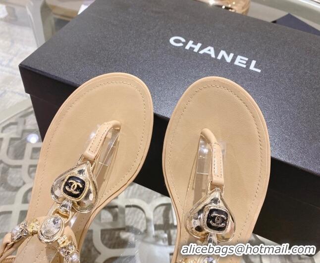 Purchase Chanel Lambskin Flat Thong Sandals with Love Charm G39674 Beige