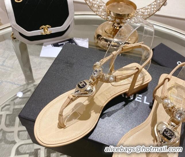 Purchase Chanel Lambskin Flat Thong Sandals with Love Charm G39674 Beige