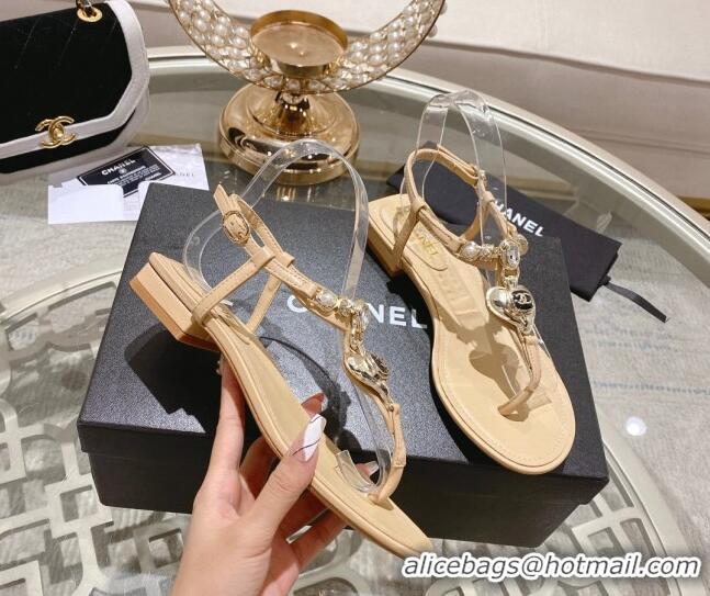 Purchase Chanel Lambskin Flat Thong Sandals with Love Charm G39674 Beige