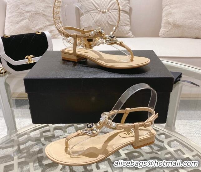 Purchase Chanel Lambskin Flat Thong Sandals with Love Charm G39674 Beige