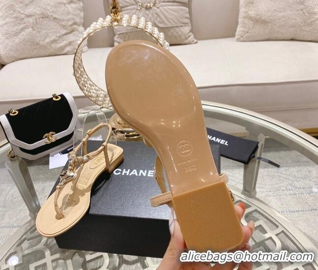 Purchase Chanel Lambskin Flat Thong Sandals with Love Charm G39674 Beige