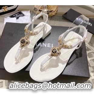 Top Design Chanel Lambskin Flat Thong Sandals with Love Charm G39674 White