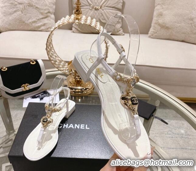 Top Design Chanel Lambskin Flat Thong Sandals with Love Charm G39674 White