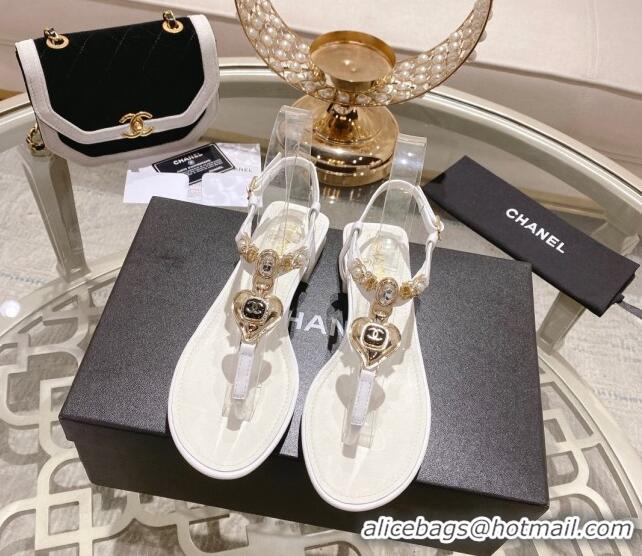 Top Design Chanel Lambskin Flat Thong Sandals with Love Charm G39674 White