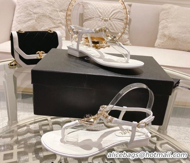 Top Design Chanel Lambskin Flat Thong Sandals with Love Charm G39674 White