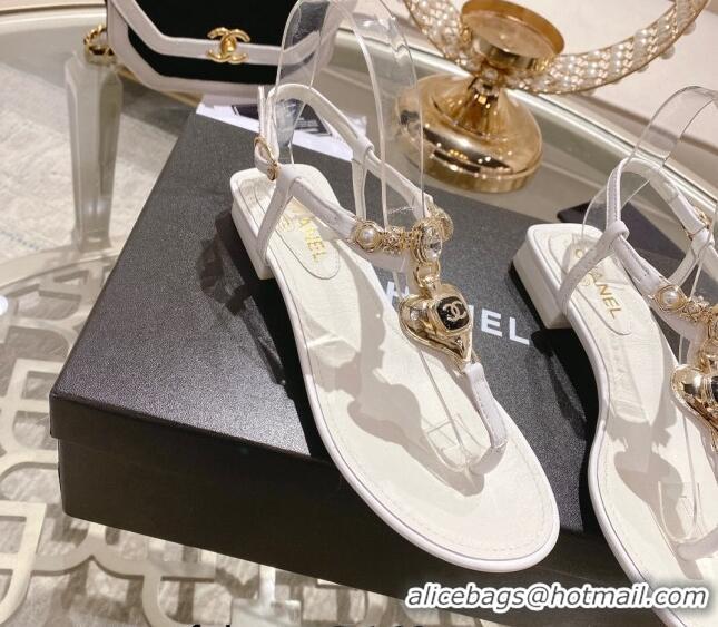 Top Design Chanel Lambskin Flat Thong Sandals with Love Charm G39674 White