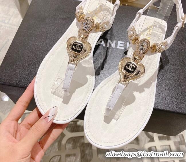 Top Design Chanel Lambskin Flat Thong Sandals with Love Charm G39674 White