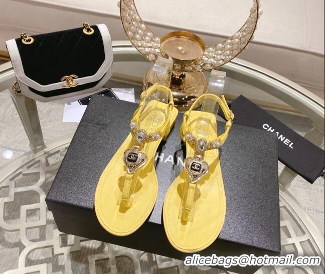 Most Popular Chanel Lambskin Flat Thong Sandals with Love Charm G39674 Yellow