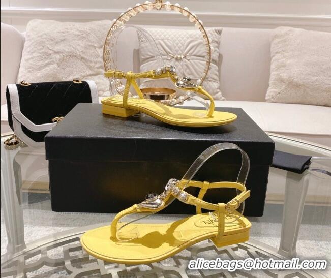 Most Popular Chanel Lambskin Flat Thong Sandals with Love Charm G39674 Yellow