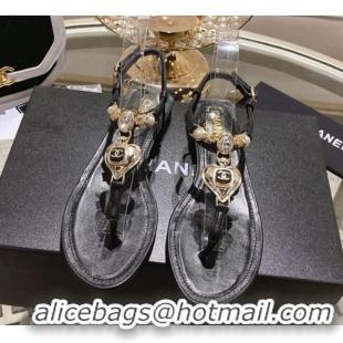 Discount Fashion Chanel Lambskin Flat Thong Sandals with Love Charm G39674 Black