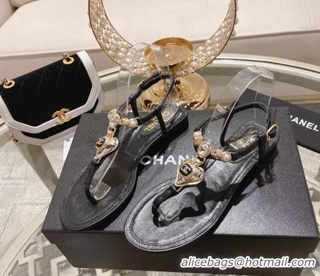 Discount Fashion Chanel Lambskin Flat Thong Sandals with Love Charm G39674 Black