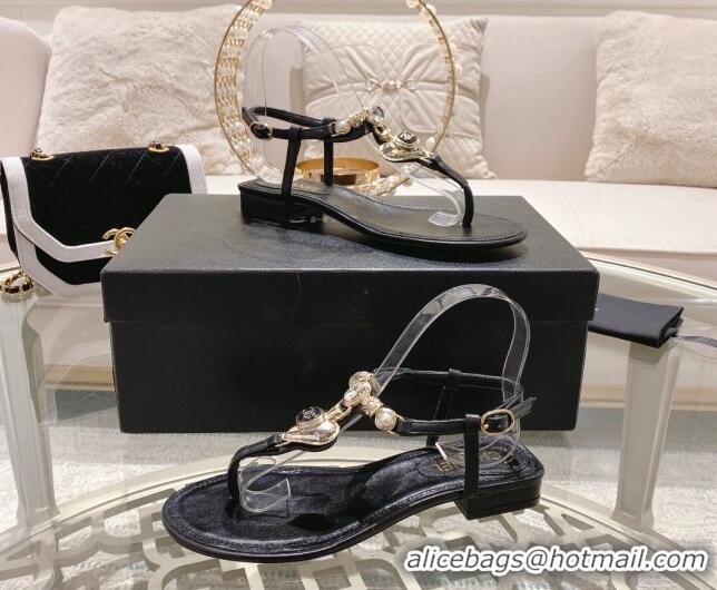 Discount Fashion Chanel Lambskin Flat Thong Sandals with Love Charm G39674 Black