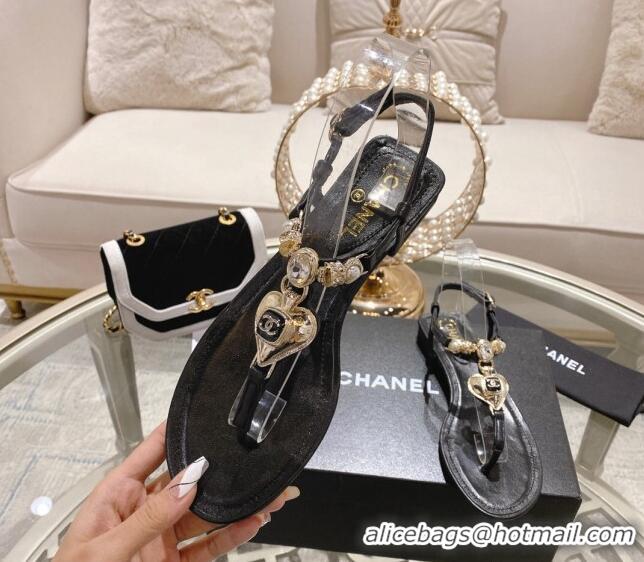 Discount Fashion Chanel Lambskin Flat Thong Sandals with Love Charm G39674 Black