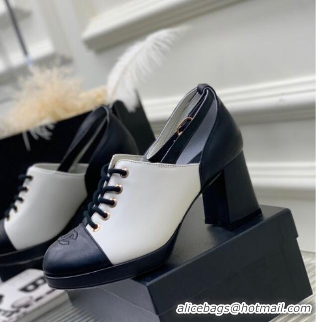 Low Price Chanel Calfskin Lace-up Pumps White/Black 020786