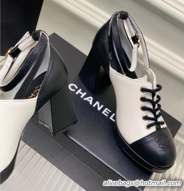 Low Price Chanel Calfskin Lace-up Pumps White/Black 020786