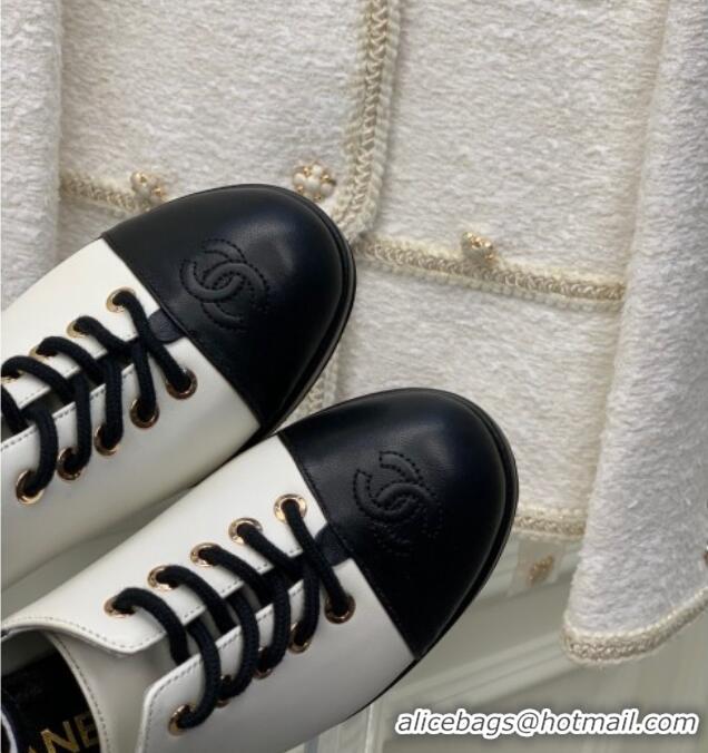 Low Price Chanel Calfskin Lace-up Pumps White/Black 020786