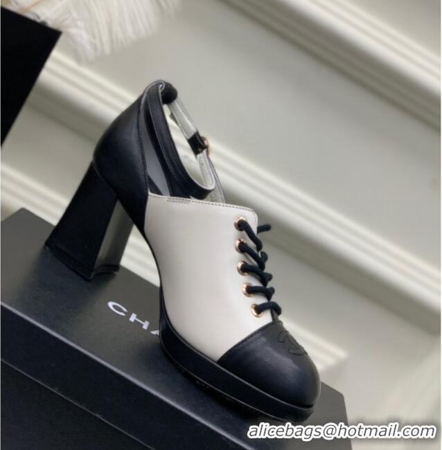 Low Price Chanel Calfskin Lace-up Pumps White/Black 020786