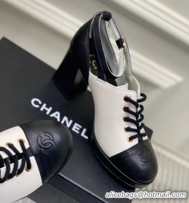 Low Price Chanel Calfskin Lace-up Pumps White/Black 020786