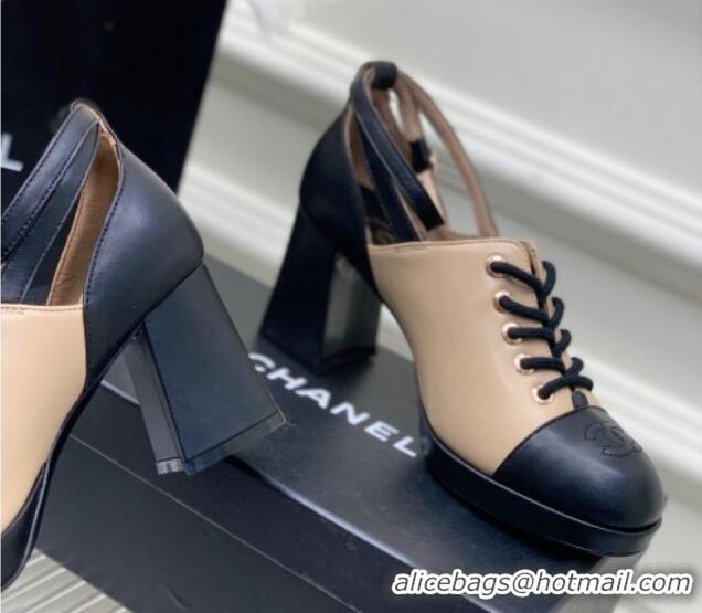 Luxurious Chanel Calfskin Lace-up Pumps Beige/Black 020787