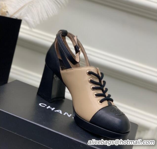 Luxurious Chanel Calfskin Lace-up Pumps Beige/Black 020787