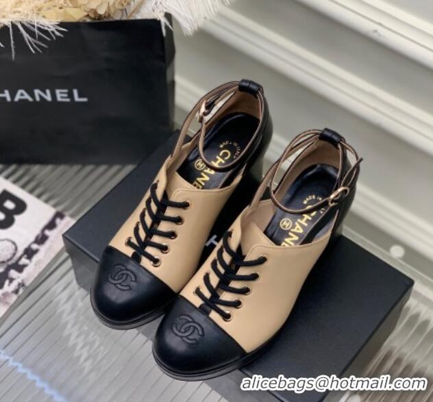 Luxurious Chanel Calfskin Lace-up Pumps Beige/Black 020787