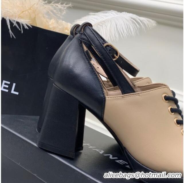 Luxurious Chanel Calfskin Lace-up Pumps Beige/Black 020787