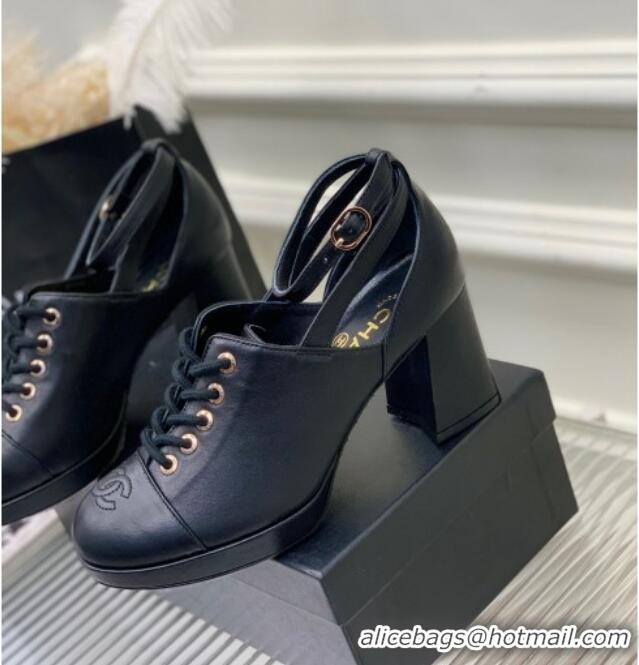 Luxury Chanel Calfskin Lace-up Pumps Black 020788