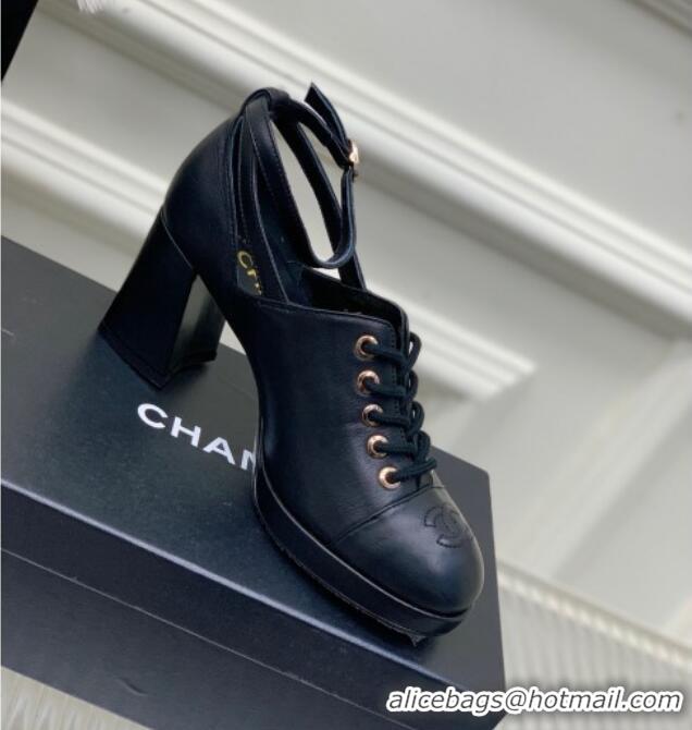 Luxury Chanel Calfskin Lace-up Pumps Black 020788