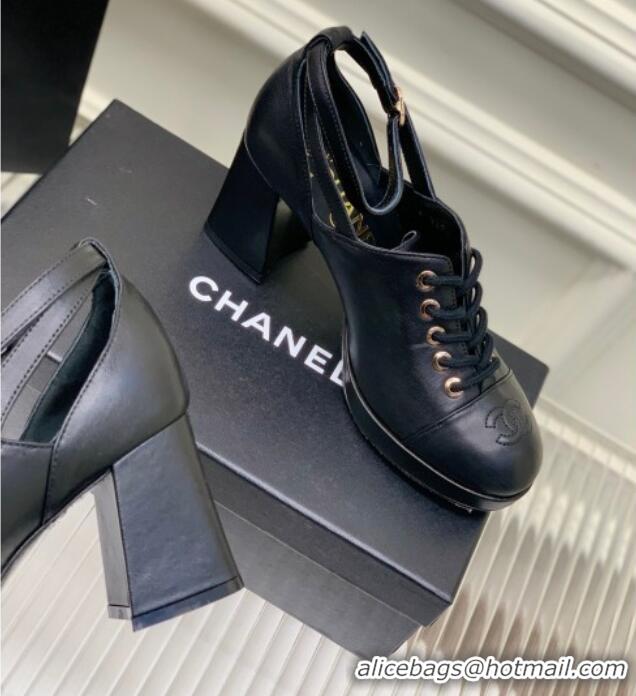 Luxury Chanel Calfskin Lace-up Pumps Black 020788