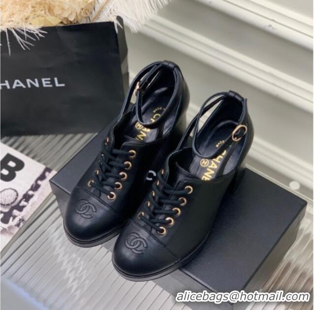 Luxury Chanel Calfskin Lace-up Pumps Black 020788