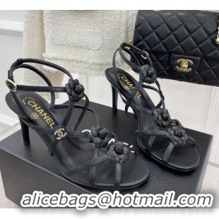 Hot Style Chanel Calfskin Heel Sandals with Camellia Bloom Black 020796