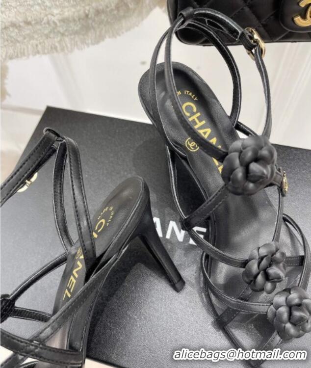 Hot Style Chanel Calfskin Heel Sandals with Camellia Bloom Black 020796