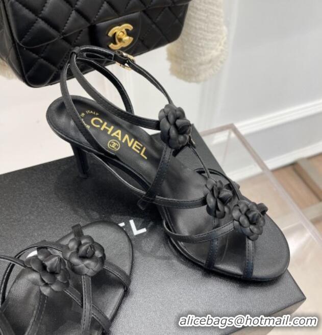 Hot Style Chanel Calfskin Heel Sandals with Camellia Bloom Black 020796