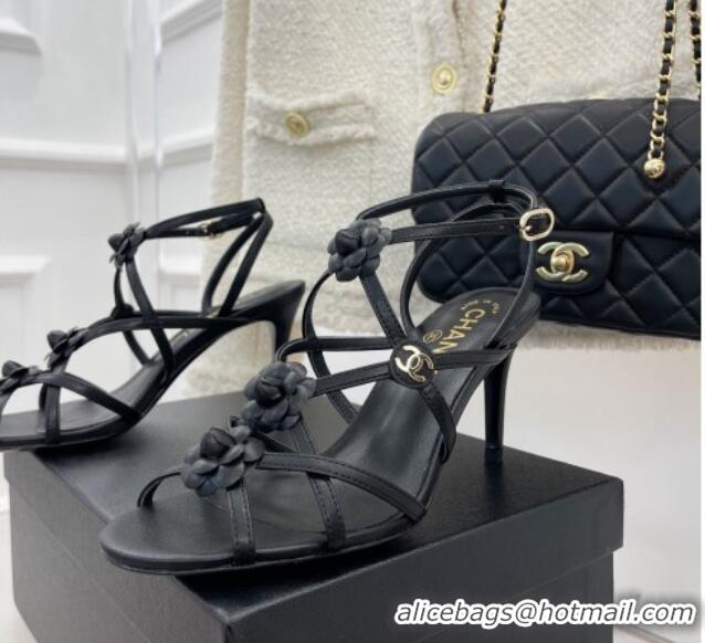 Hot Style Chanel Calfskin Heel Sandals with Camellia Bloom Black 020796