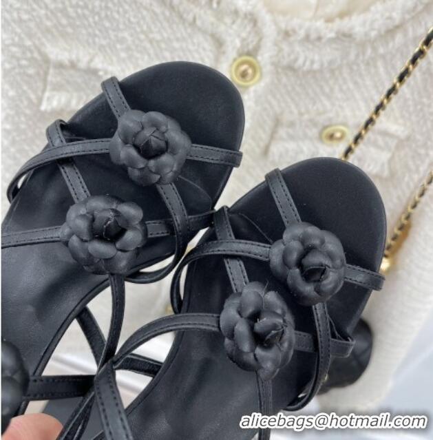 Hot Style Chanel Calfskin Heel Sandals with Camellia Bloom Black 020796