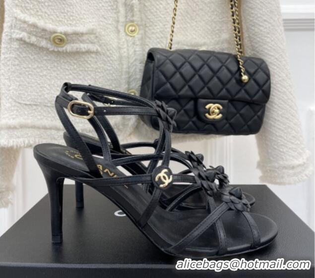 Hot Style Chanel Calfskin Heel Sandals with Camellia Bloom Black 020796