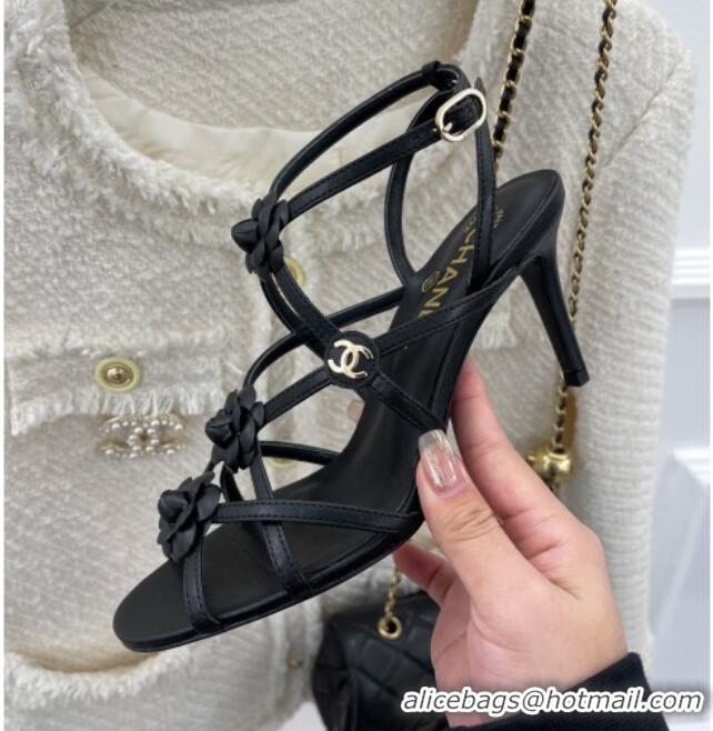 Hot Style Chanel Calfskin Heel Sandals with Camellia Bloom Black 020796