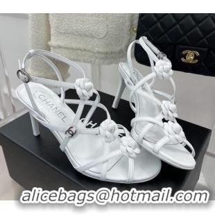 Stylish Chanel Calfskin Heel Sandals with Camellia Bloom White 020797